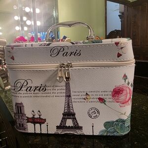 Paris Themed White and Pink Train Women's Cosmetic Case